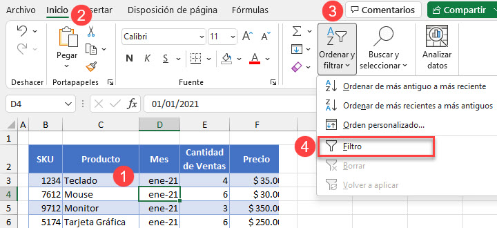 Menú Aplicar Filtro en Excel