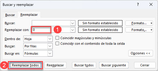 Menú Buscar y reemplazar con Ceros en Excel