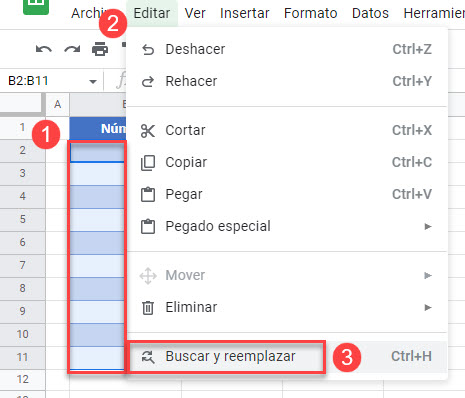 Menú Buscar y reemplazar en Google Sheets