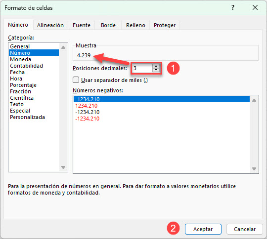 Menú Formato Celdas Gestionar Decimales en Excel