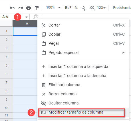 Modificar Tamaño de Columna en Google Sheets