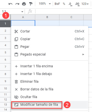 Modificar Tamaño de Fila en Google Sheets