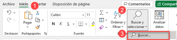 Opción Buscar Menú Inicio en Excel