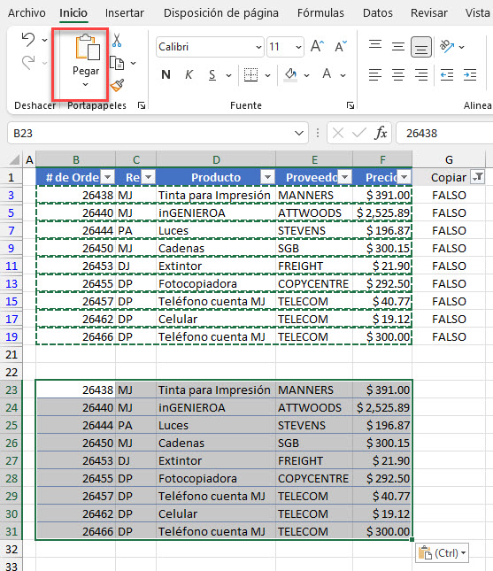 Pegar Selección en Excel