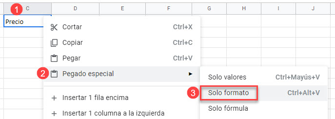 Pegar Solo Formato en Google Sheets