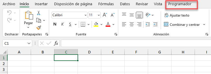 Pestaña de Programador en Cinta de Opciones