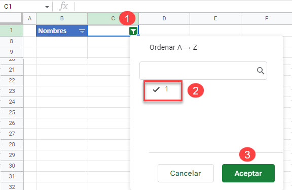 Quitar Filtro Seleccionando 1 en Google Sheets