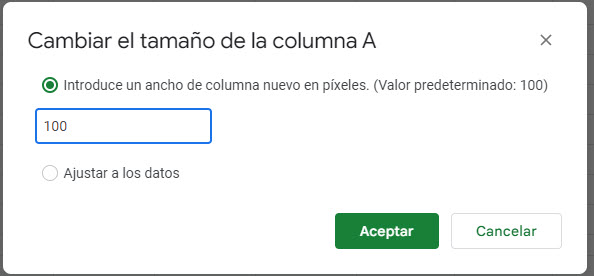 Reajustar Tamaño de Columna a 100 en Google Sheets