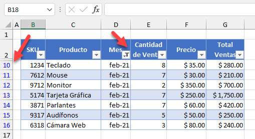 Resultado Filtrar por Primera Columna Mes