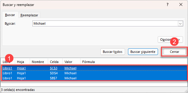 Seleccionear Items Cuadro de Diálogo Buscar y Reemplazar en Excel