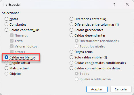 Selecionar Celdas en Blanco en Ir a Especial