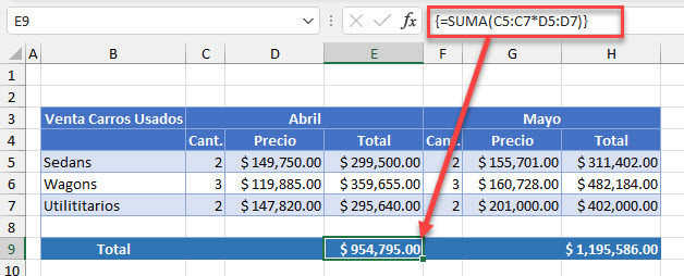 Símbolo Paréntesis para Arrays en Excel