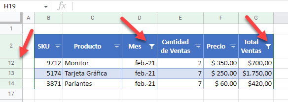 Tabla con Filtro en Múltiples Columnas en Google Sheets