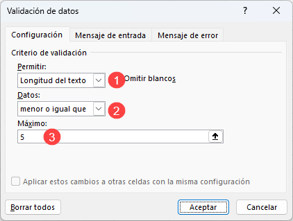 Validación de Datos Limitar a 5 en Excel