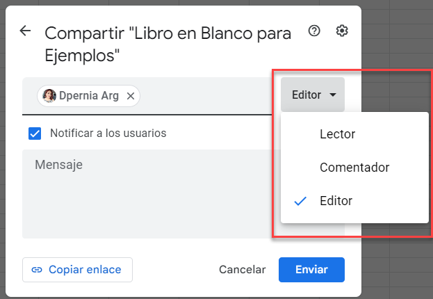 Ventana Compartir Libro en Google Sheets