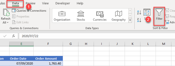 columns sortable ribbon filter