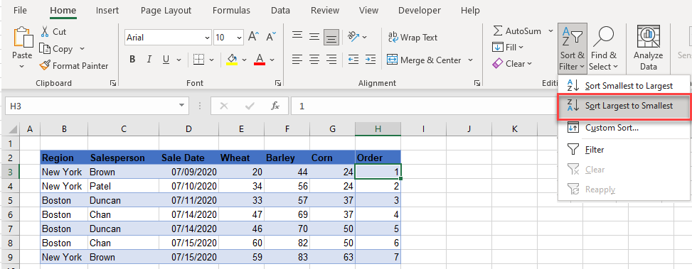 flip table sort largest smallest