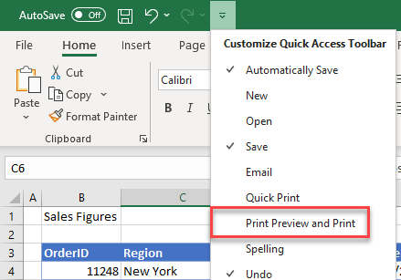 print preview quick access cutomise
