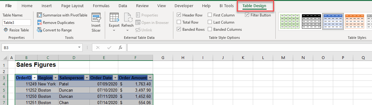 table types ribbon design tab