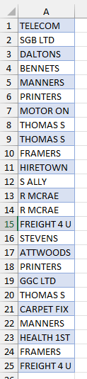 Datos para Ejemplo Rellenar Array desde Columna en VBA