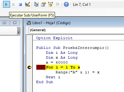 Ejecutar Depurar Código VBA hasta Punto de Interrupción