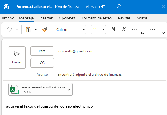 Pantalla de Envío de Emails de Outlook