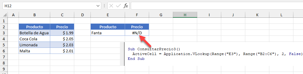 Resultado Application Vlookup en VBA