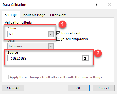 lookup tables data validation