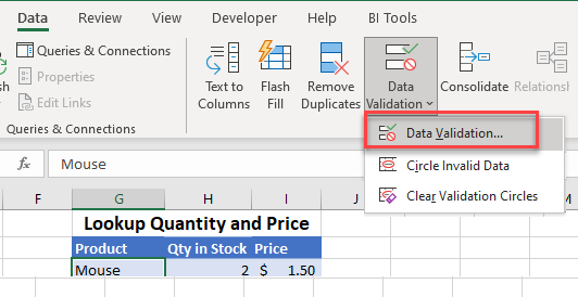 lookup tables ribbon data validation