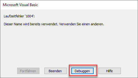 vba fehlermeldung debugger