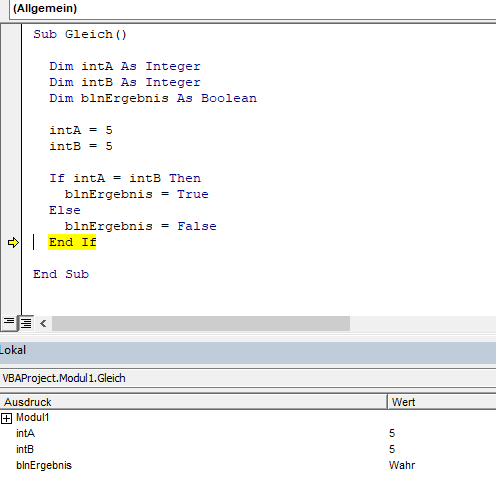 vba gleich operator