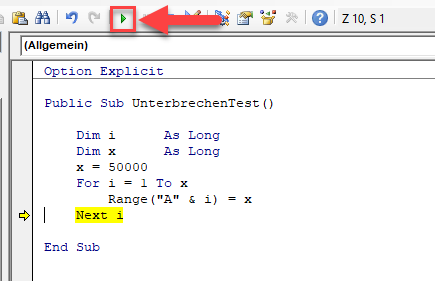 vba makro fortsetzen