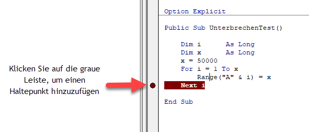 vba makro haltepunkt hinzufuegen