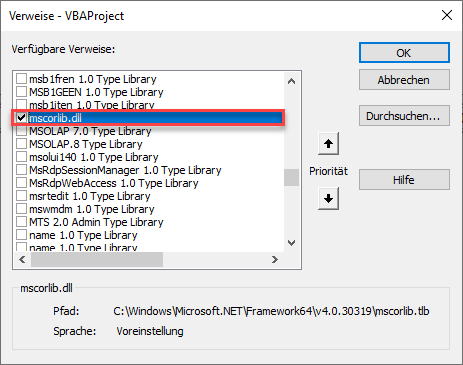 vba verweise mscorlib