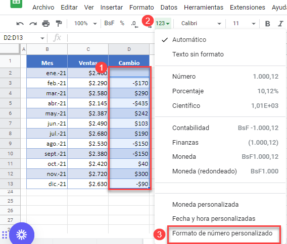 Acceder a Formato de Número Personalizado en Google Sheets