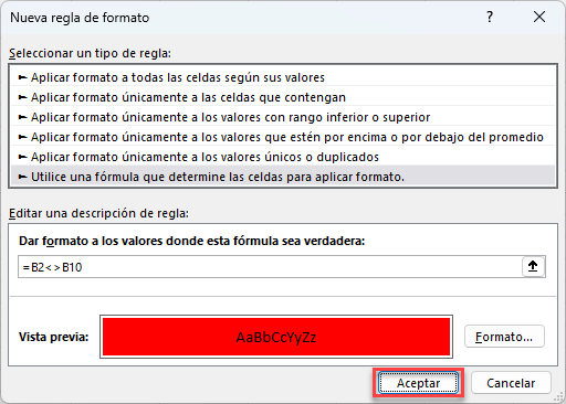 Aplicar Nueva Regla de Formato en Excel