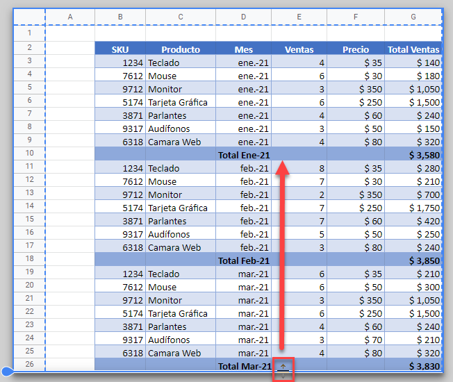 Arrastrar Salto de Página en Google Sheets