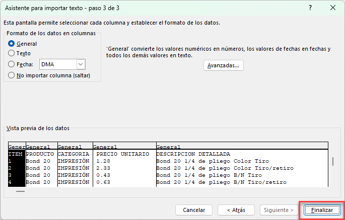 Asistente para Importar Texto Paso Final en Excel