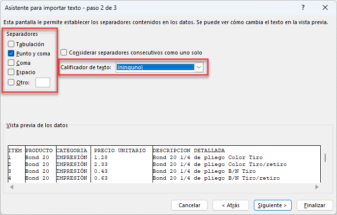 Asistente para Importar Texto Paso2 en Excel