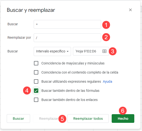 Buscar y Reemplazar Cuadro de Diálogo en Google Sheets