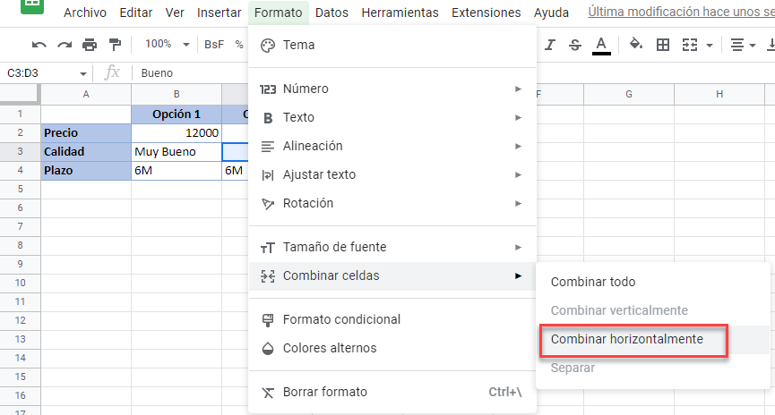 Combinar Horizontalmente en Google Sheets