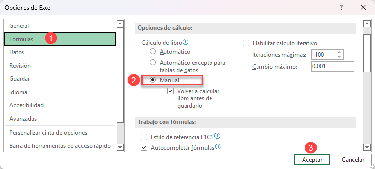 Configurar el Cálculo a Manual desde Menú Opciones en Excel