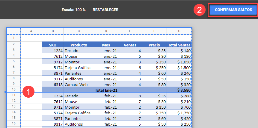 Confirmar Salto de Página en Google Sheets