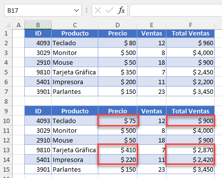 Datos Ejemplo Comparar Dos Tablas en Excel