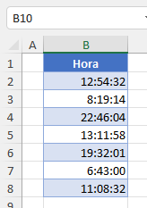 Datos Ejemplo Formatear la Hora a Milisegundos en Excel