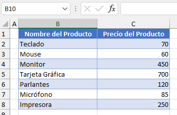 Datos Ejemplo Insertar el Signo de Libra Esterlina en Excel