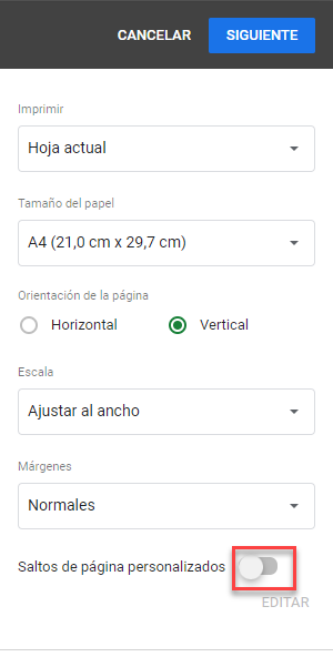 Desactivar Saltos de Página Personalizados en Google Sheets