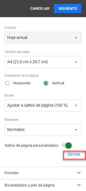 Editar Saltos de Página en Google Sheets