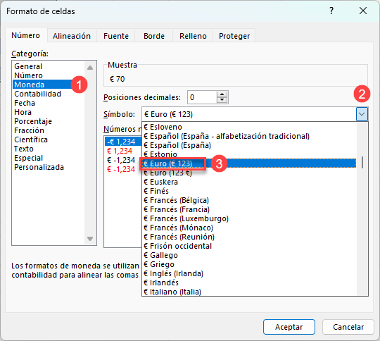 Elegir Formato de Moneda Euro en Excel