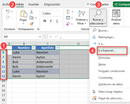 Eliminar Filas Duplicadas con Ir a Especial en Excel